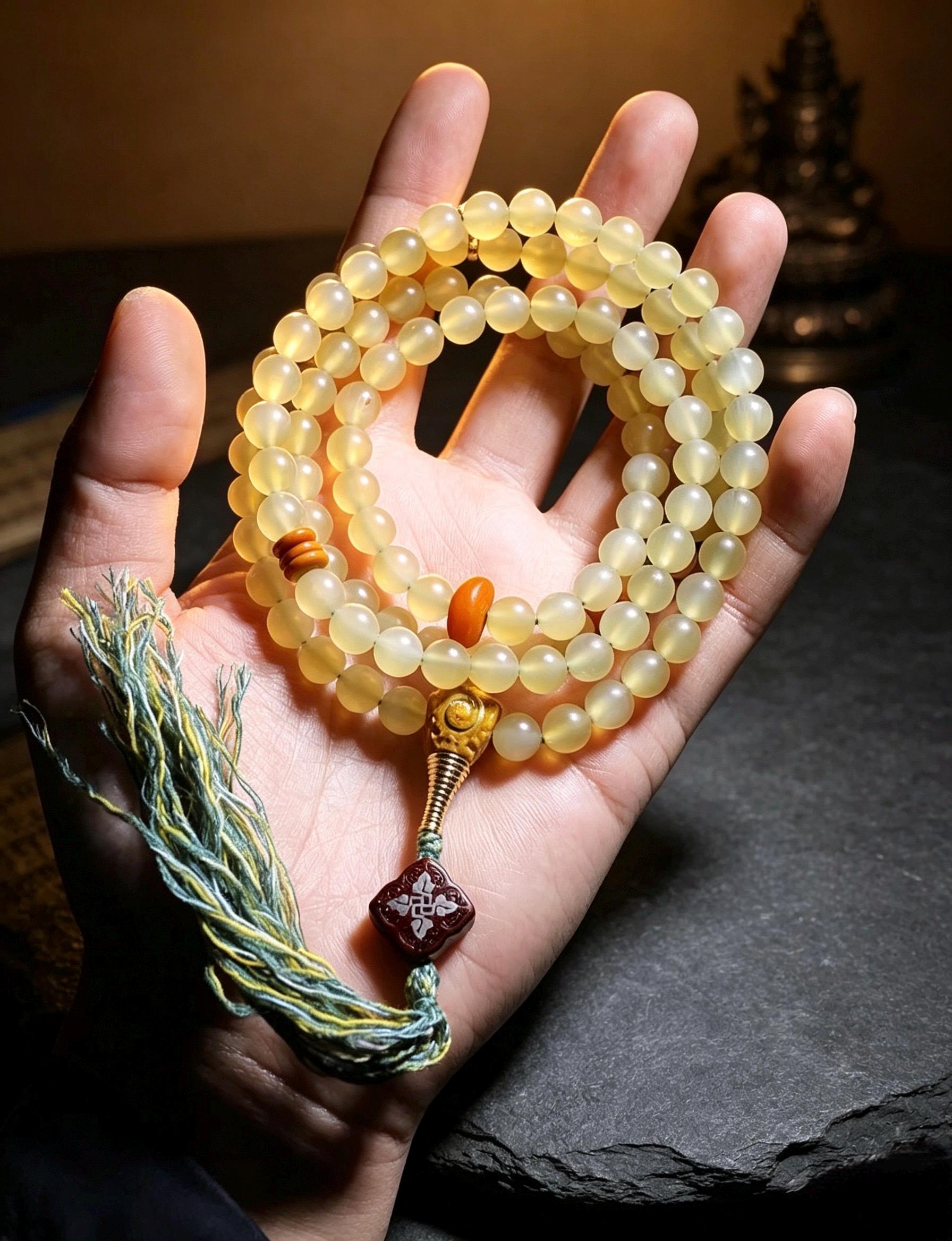 EverestArtStudios Natural Tibetan Sheep Horn Mala 108 Beads, Buddhist Prayer Beads, Handmade Meditation Mala, Tibetan Rosary, Spiritual Gift