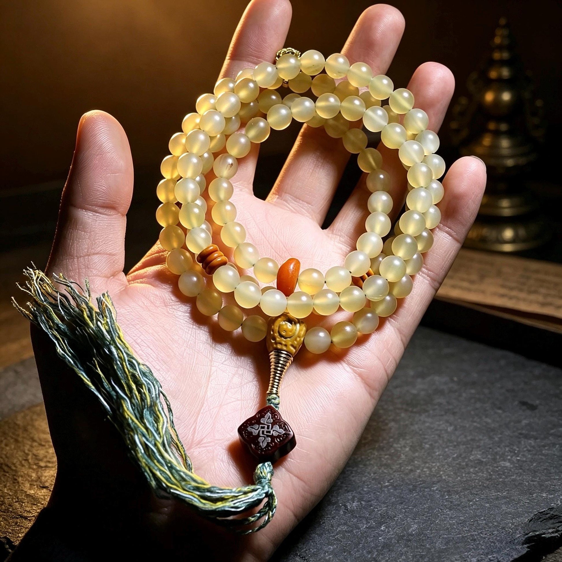 EverestArtStudios Natural Tibetan Sheep Horn Mala 108 Beads, Buddhist Prayer Beads, Handmade Meditation Mala, Tibetan Rosary, Spiritual Gift