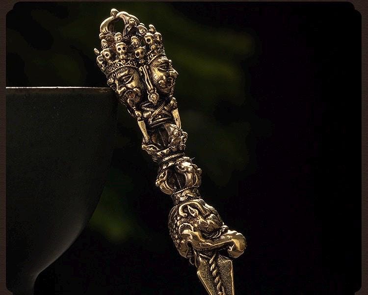 Nepalese Copper Three Faced Phurba Pendant, Handcrafted Ucchusma Kila Dagger Amulet, Sacred Tibetan Buddhist Protection Necklace Jewelry