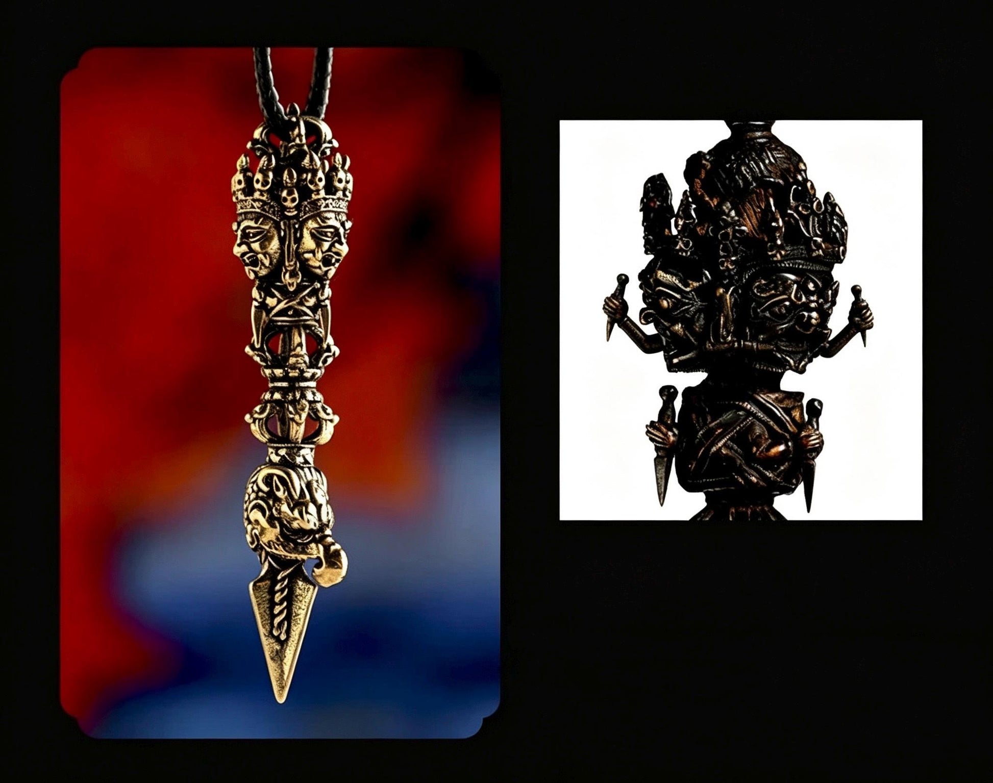 Nepalese Copper Three Faced Phurba Pendant, Handcrafted Ucchusma Kila Dagger Amulet, Sacred Tibetan Buddhist Protection Necklace Jewelry