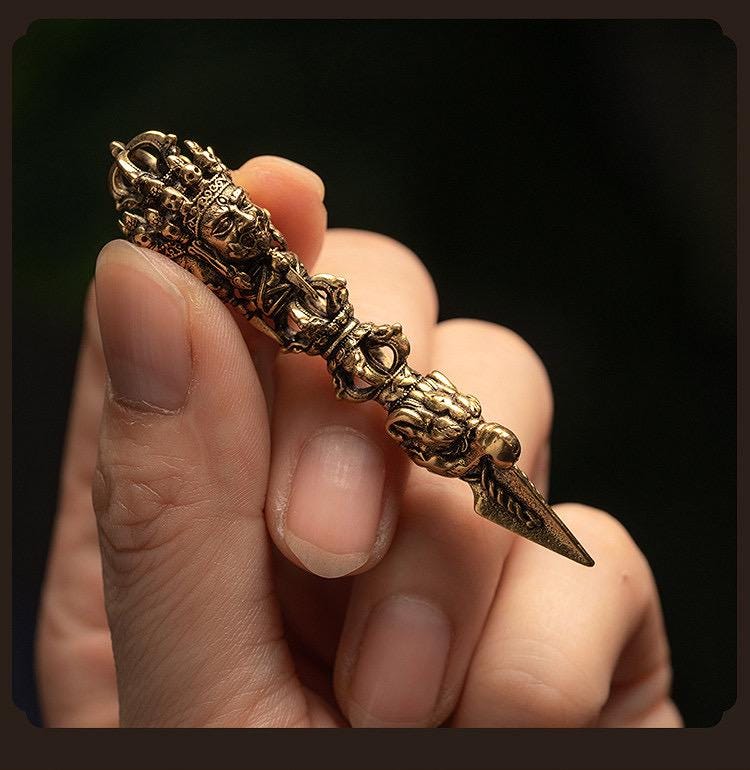 Nepalese Copper Three Faced Phurba Pendant, Handcrafted Ucchusma Kila Dagger Amulet, Sacred Tibetan Buddhist Protection Necklace Jewelry