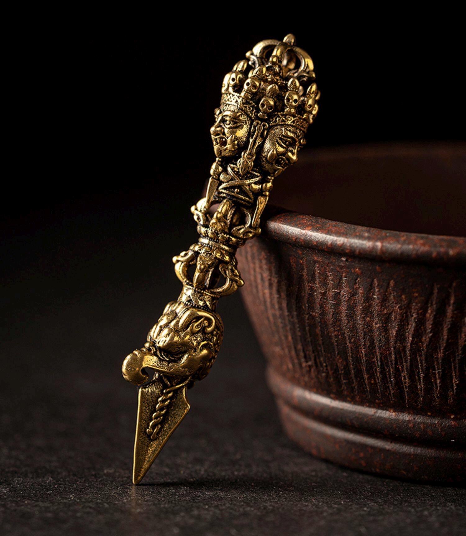 Nepalese Copper Three Faced Phurba Pendant, Handcrafted Ucchusma Kila Dagger Amulet, Sacred Tibetan Buddhist Protection Necklace Jewelry