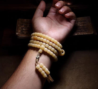 EverestArtStudios Natural White Bodhi Root 108 Bead Bracelet, Tibetan Prayer Mala, Wrap Meditation Bracelet, Buddhist Mala Necklace