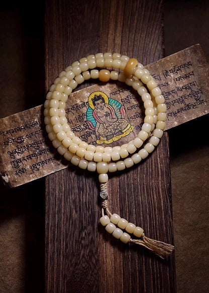 EverestArtStudios Natural White Bodhi Root 108 Bead Bracelet, Tibetan Prayer Mala, Wrap Meditation Bracelet, Buddhist Mala Necklace