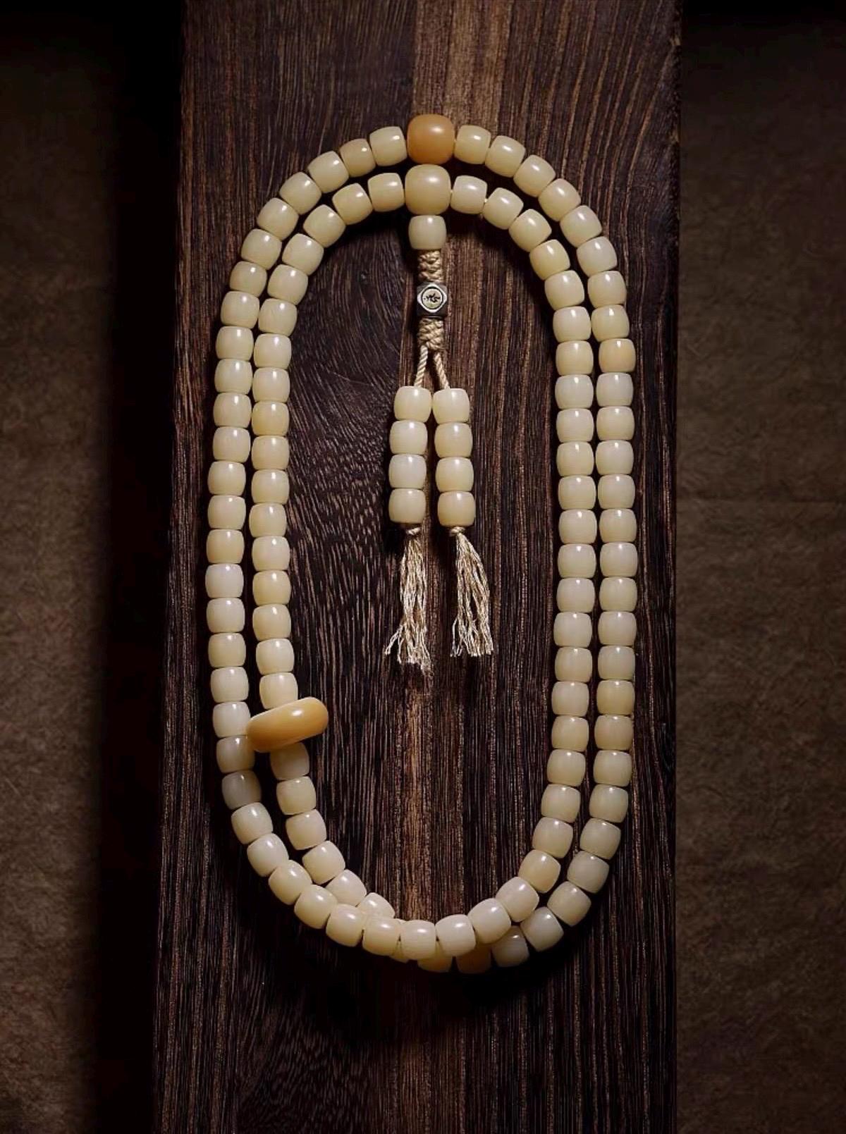 EverestArtStudios Natural White Bodhi Root 108 Bead Bracelet, Tibetan Prayer Mala, Wrap Meditation Bracelet, Buddhist Mala Necklace