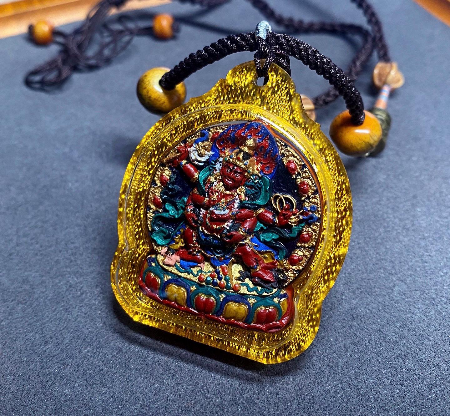 Handpainted Red Jambhala Tsa Tsa, Tibetan Wealth Deity Clay Amulet, Mineral Pigment Gau Box Pendant, Miniature Thangka Gift