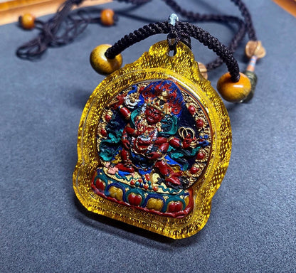 Handpainted Red Jambhala Tsa Tsa, Tibetan Wealth Deity Clay Amulet, Mineral Pigment Gau Box Pendant, Miniature Thangka Gift