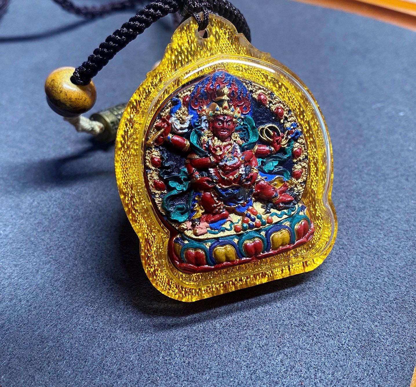 Handpainted Red Jambhala Tsa Tsa, Tibetan Wealth Deity Clay Amulet, Mineral Pigment Gau Box Pendant, Miniature Thangka Gift