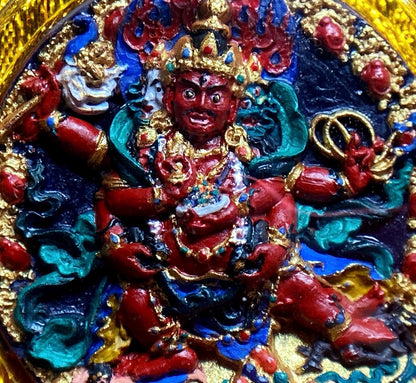 Handpainted Red Jambhala Tsa Tsa, Tibetan Wealth Deity Clay Amulet, Mineral Pigment Gau Box Pendant, Miniature Thangka Gift