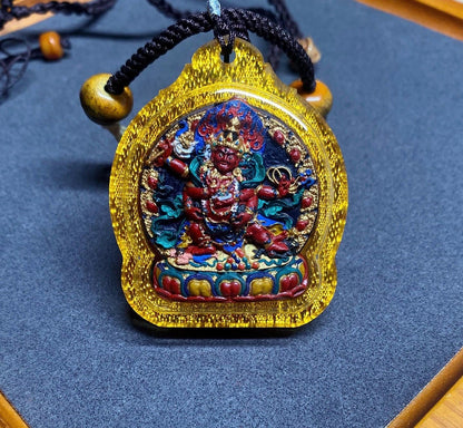 Handpainted Red Jambhala Tsa Tsa, Tibetan Wealth Deity Clay Amulet, Mineral Pigment Gau Box Pendant, Miniature Thangka Gift