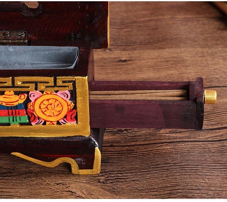Nepalese Handpainted Wooden Tibetan Incense Burner Box, Eight Auspicious Symbols Incense Holder, Vintage Sacred Buddhist Home Decor Gift