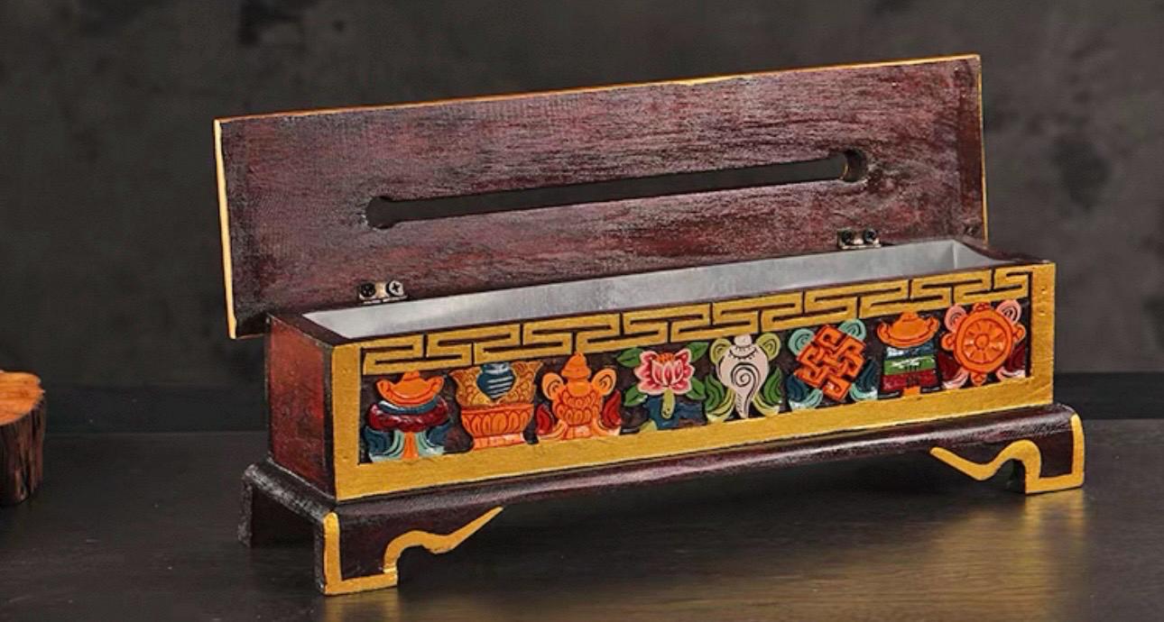 Nepalese Handpainted Wooden Tibetan Incense Burner Box, Eight Auspicious Symbols Incense Holder, Vintage Sacred Buddhist Home Decor Gift