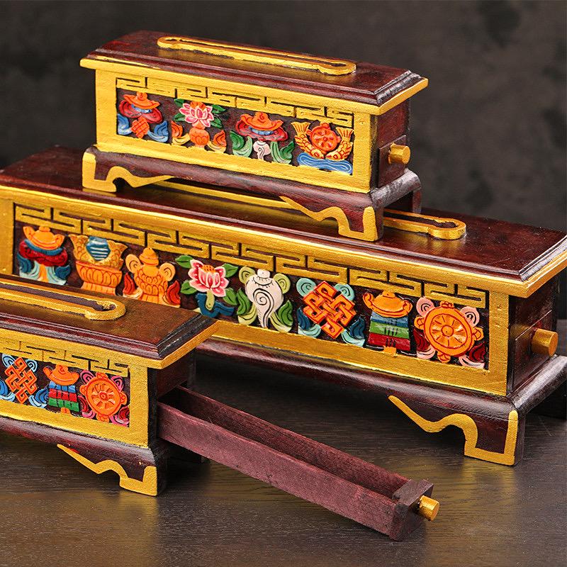 Nepalese Handpainted Wooden Tibetan Incense Burner Box, Eight Auspicious Symbols Incense Holder, Vintage Sacred Buddhist Home Decor Gift