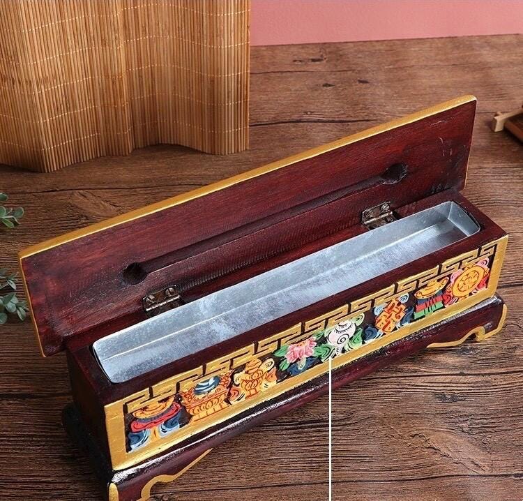 Nepalese Handpainted Wooden Tibetan Incense Burner Box, Eight Auspicious Symbols Incense Holder, Vintage Sacred Buddhist Home Decor Gift