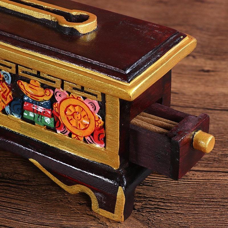 Nepalese Handpainted Wooden Tibetan Incense Burner Box, Eight Auspicious Symbols Incense Holder, Vintage Sacred Buddhist Home Decor Gift
