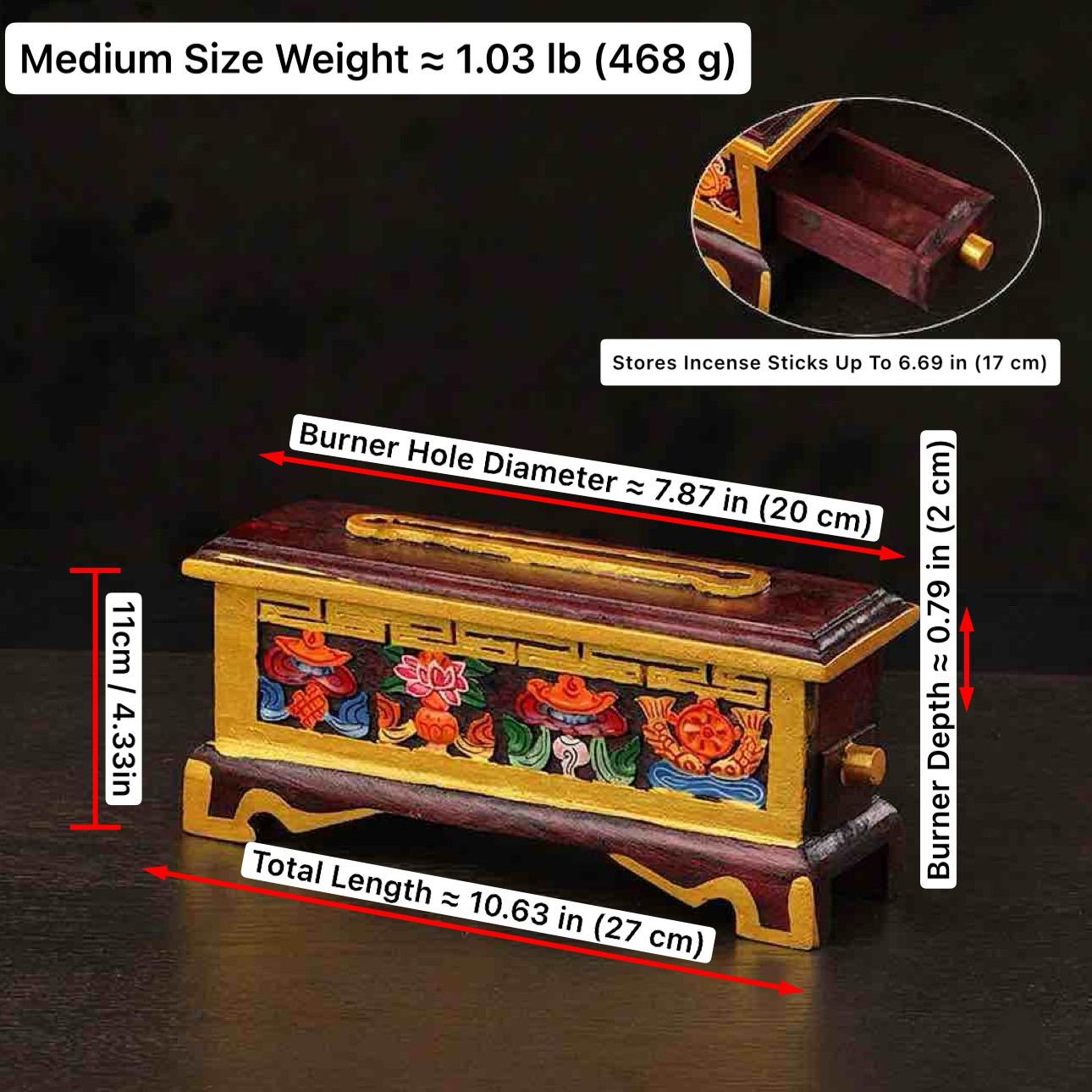 Nepalese Handpainted Wooden Tibetan Incense Burner Box, Eight Auspicious Symbols Incense Holder, Vintage Sacred Buddhist Home Decor Gift