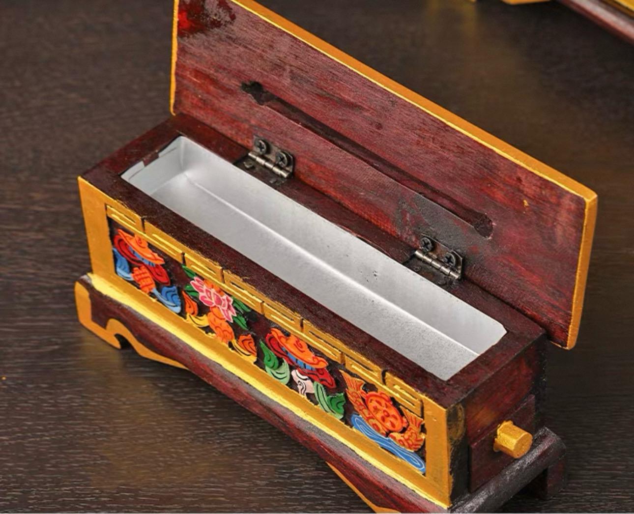 Nepalese Handpainted Wooden Tibetan Incense Burner Box, Eight Auspicious Symbols Incense Holder, Vintage Sacred Buddhist Home Decor Gift