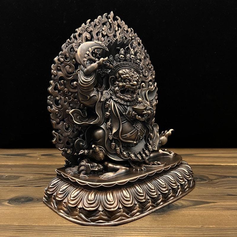 Nepalese Copper Two Armed Mahakala Statue, Handcrafted Karma Kagyu Protector Shrine Figurine, Sacred Tibetan Buddhist Altar Decor Gift