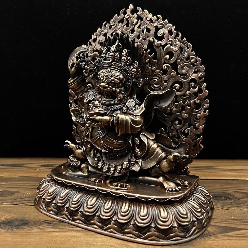 Nepalese Copper Two Armed Mahakala Statue, Handcrafted Karma Kagyu Protector Shrine Figurine, Sacred Tibetan Buddhist Altar Decor Gift