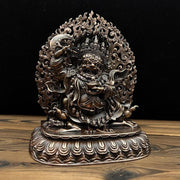 Nepalese Copper Two Armed Mahakala Statue, Handcrafted Karma Kagyu Protector Shrine Figurine, Sacred Tibetan Buddhist Altar Decor Gift