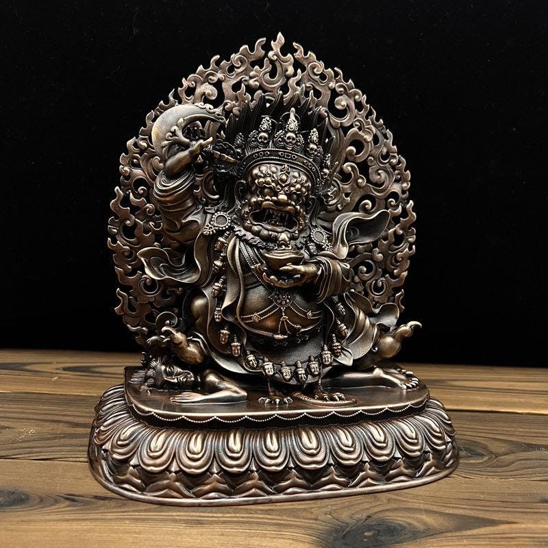 Nepalese Copper Two Armed Mahakala Statue, Handcrafted Karma Kagyu Protector Shrine Figurine, Sacred Tibetan Buddhist Altar Decor Gift