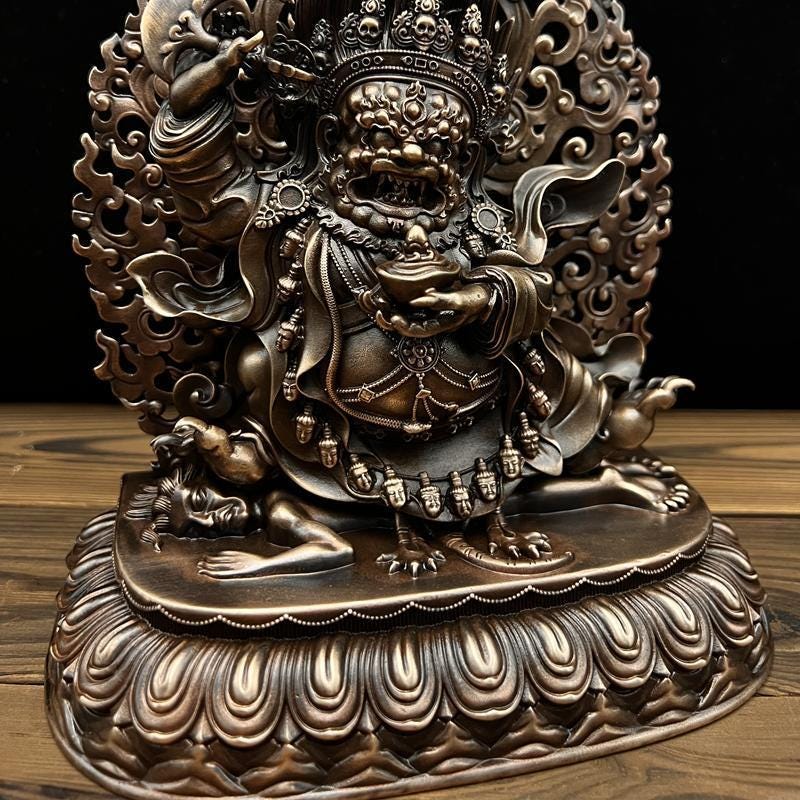 Nepalese Copper Two Armed Mahakala Statue, Handcrafted Karma Kagyu Protector Shrine Figurine, Sacred Tibetan Buddhist Altar Decor Gift