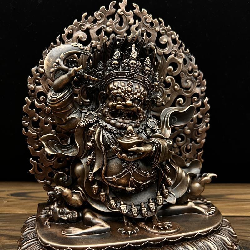 Nepalese Copper Two Armed Mahakala Statue, Handcrafted Karma Kagyu Protector Shrine Figurine, Sacred Tibetan Buddhist Altar Decor Gift