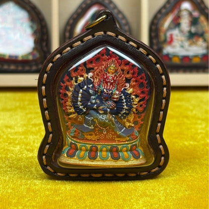 3D Painted Yamantaka Tsa Tsa, Tibetan Wrathful Deity Amulet, Leather Gau Box Shrine Pendant, Handmade Buddhist Talisman Gift