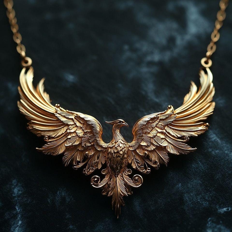 Ancient Gold Phoenix Wings Pendant Necklace, Vintage Oriental Phoenix Sweater Chain, Ethnic Statement Jewelry, Elegant Gift for Her