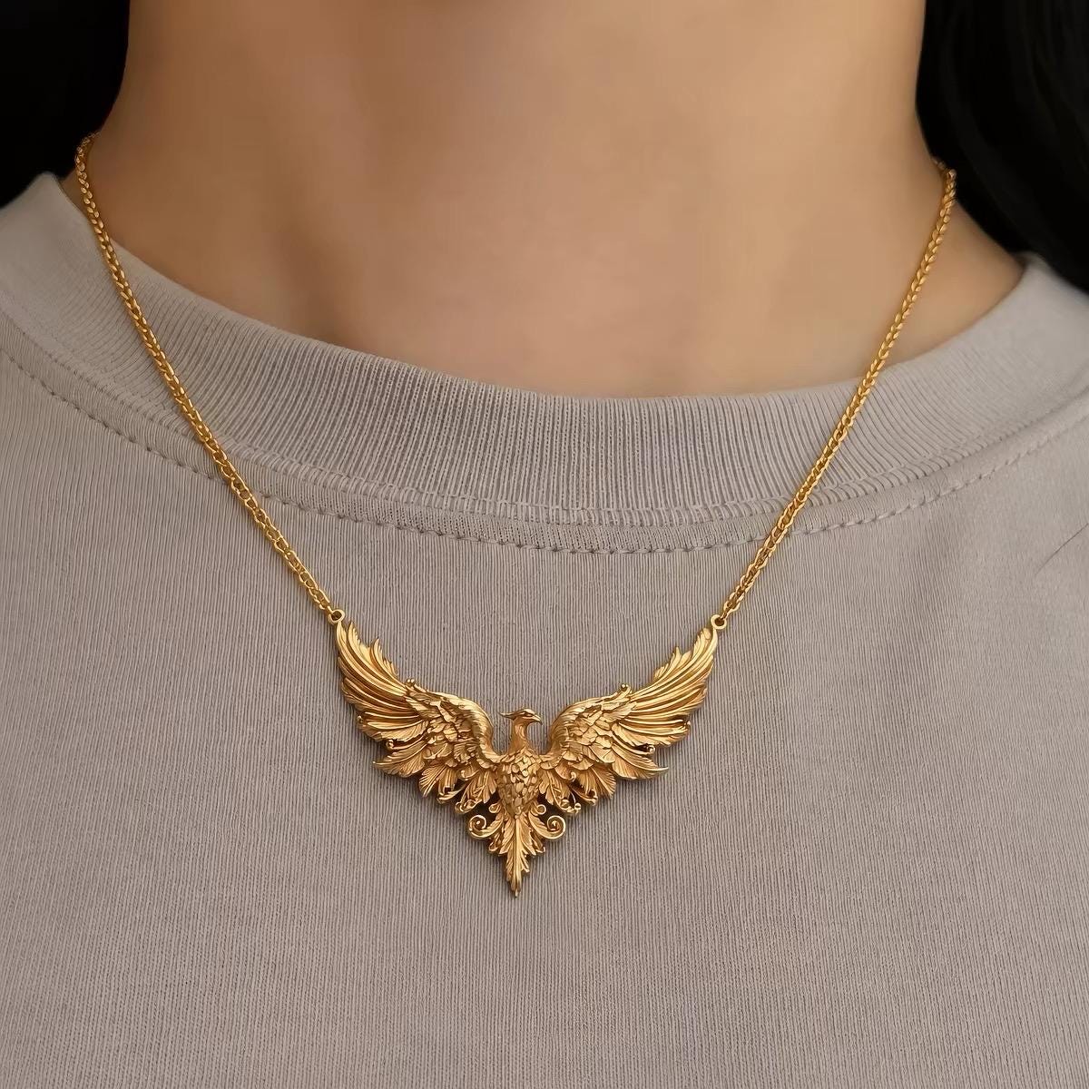 Ancient Gold Phoenix Wings Pendant Necklace, Vintage Oriental Phoenix Sweater Chain, Ethnic Statement Jewelry, Elegant Gift for Her