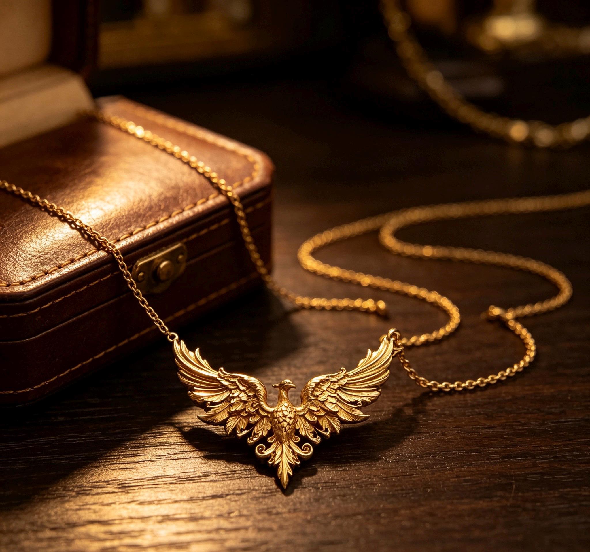Ancient Gold Phoenix Wings Pendant Necklace, Vintage Oriental Phoenix Sweater Chain, Ethnic Statement Jewelry, Elegant Gift for Her