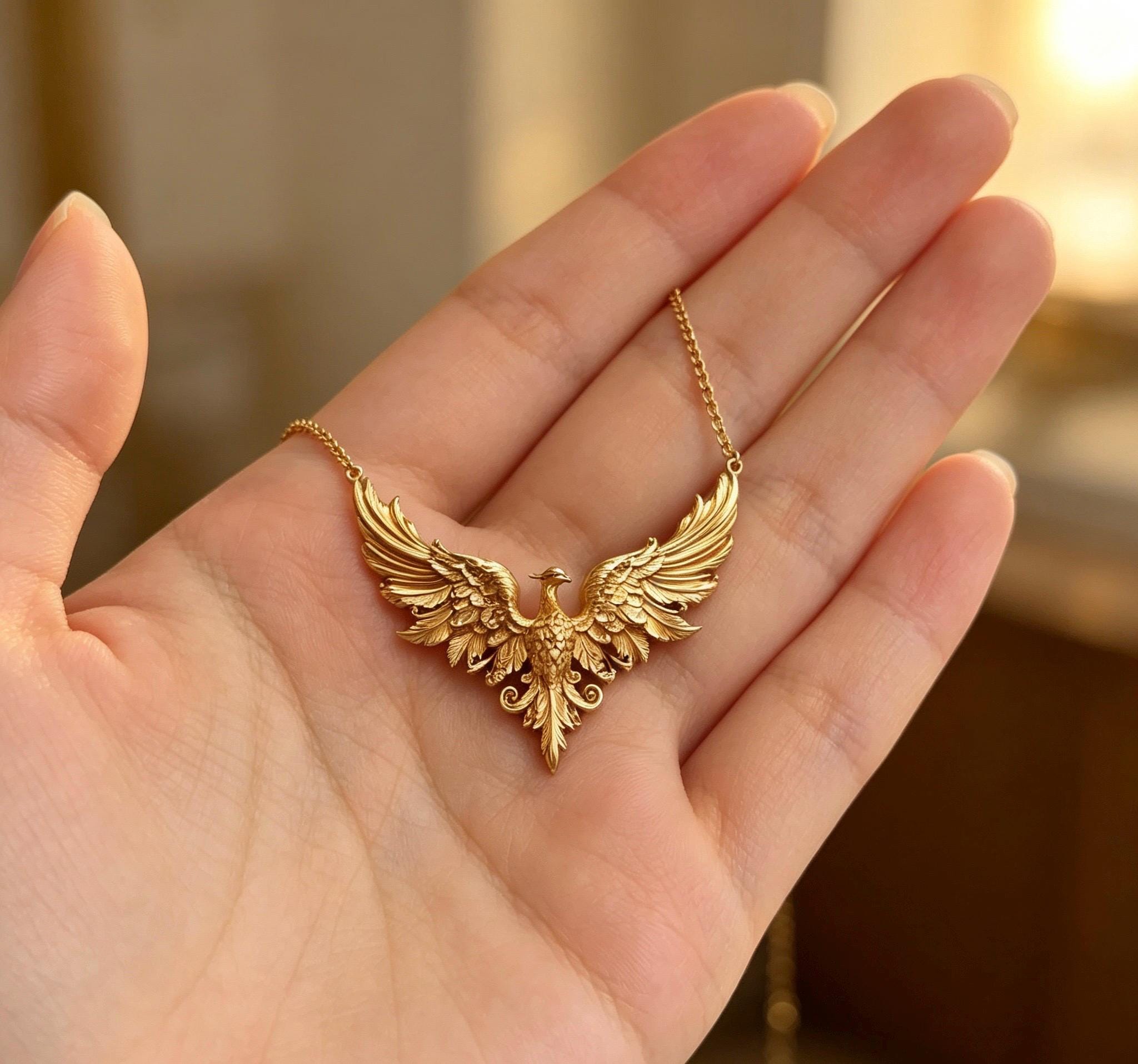 Ancient Gold Phoenix Wings Pendant Necklace, Vintage Oriental Phoenix Sweater Chain, Ethnic Statement Jewelry, Elegant Gift for Her