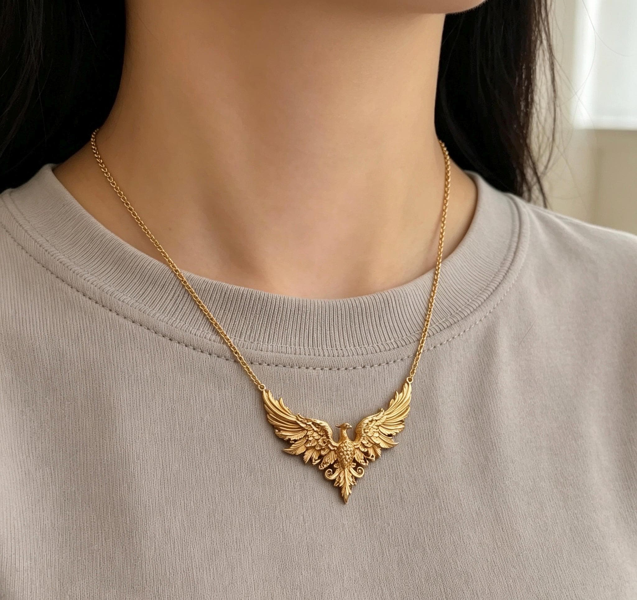 Ancient Gold Phoenix Wings Pendant Necklace, Vintage Oriental Phoenix Sweater Chain, Ethnic Statement Jewelry, Elegant Gift for Her