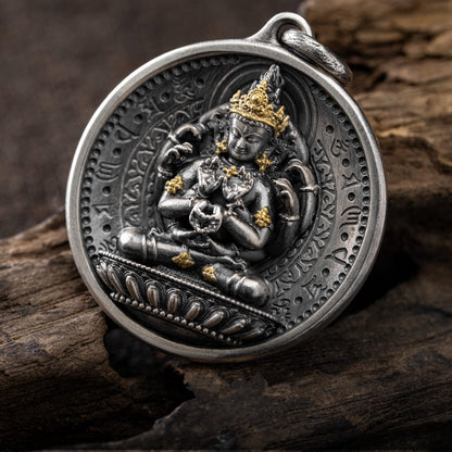 12 Armed Manjushri Pendant 925 Silver 24k Gold Plated, Wisdom Heart Protection Wheel Amulet, Vintage Sacred Buddhist Jewelry Gift