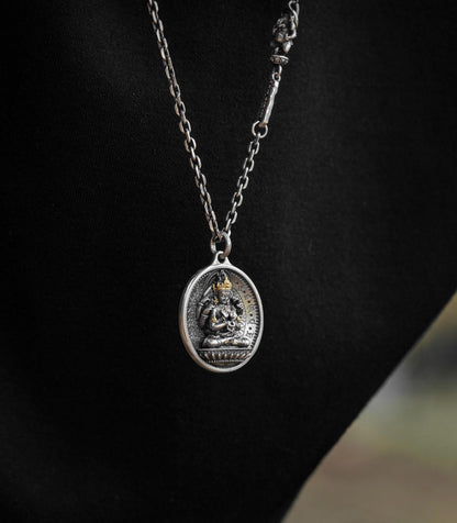 12 Armed Manjushri Pendant 925 Silver 24k Gold Plated, Wisdom Heart Protection Wheel Amulet, Vintage Sacred Buddhist Jewelry Gift