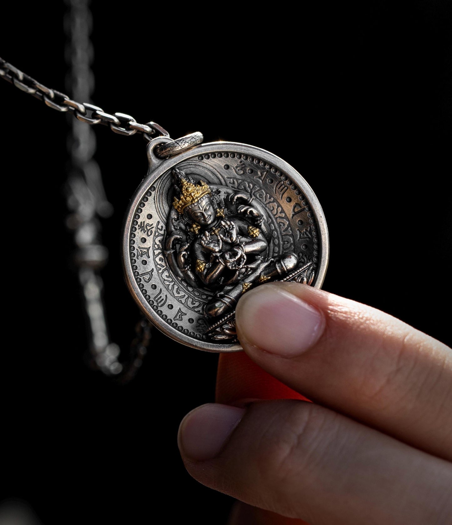 12 Armed Manjushri Pendant 925 Silver 24k Gold Plated, Wisdom Heart Protection Wheel Amulet, Vintage Sacred Buddhist Jewelry Gift