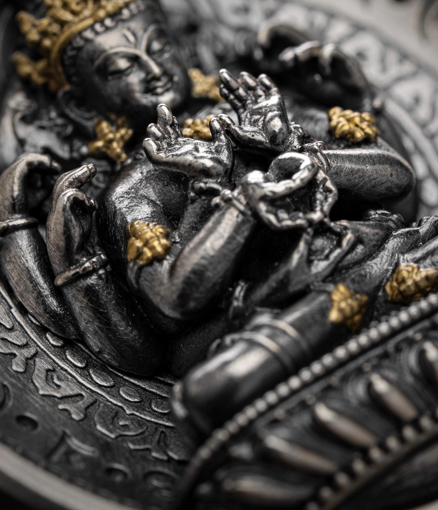 12 Armed Manjushri Pendant 925 Silver 24k Gold Plated, Wisdom Heart Protection Wheel Amulet, Vintage Sacred Buddhist Jewelry Gift