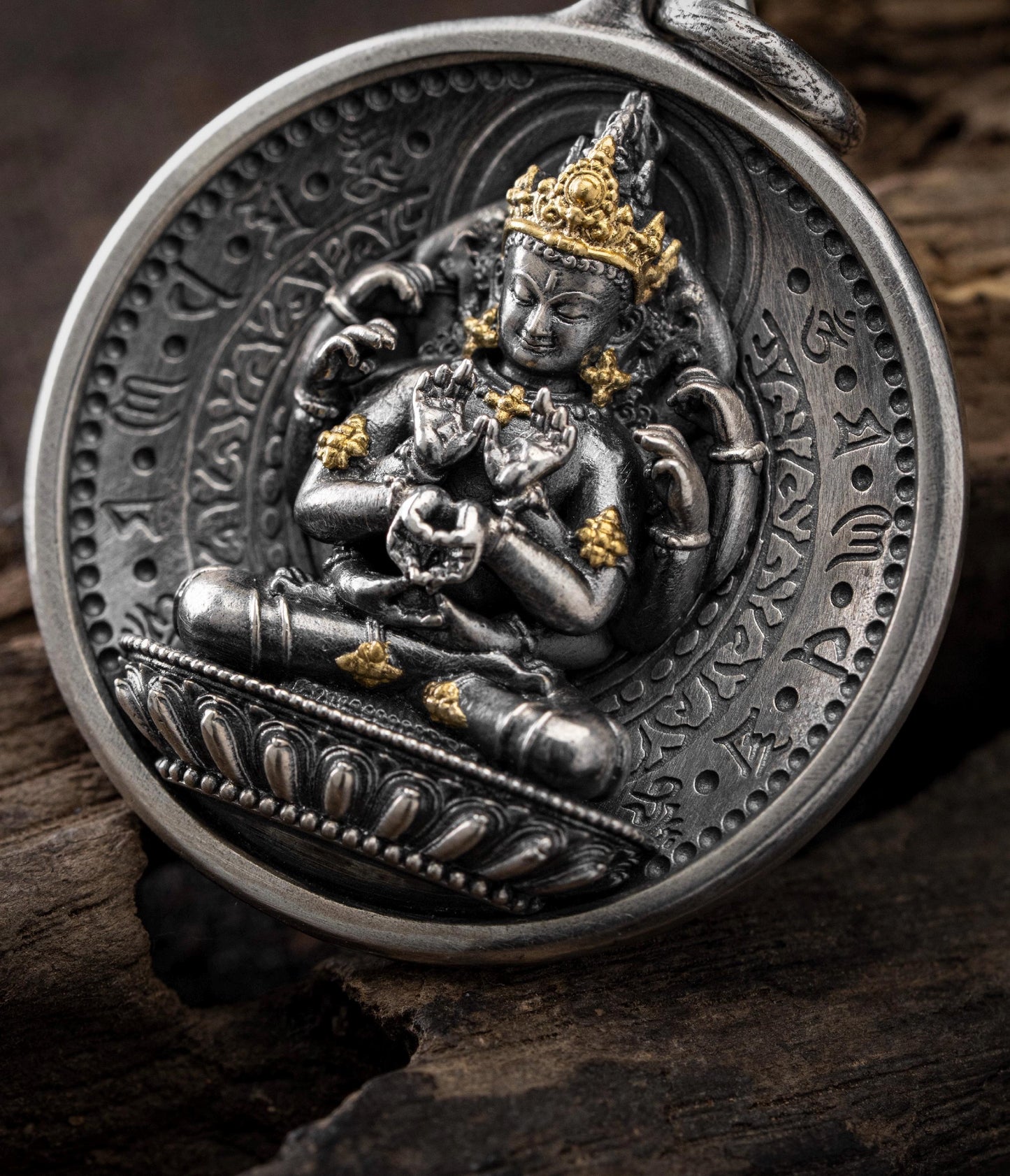 12 Armed Manjushri Pendant 925 Silver 24k Gold Plated, Wisdom Heart Protection Wheel Amulet, Vintage Sacred Buddhist Jewelry Gift