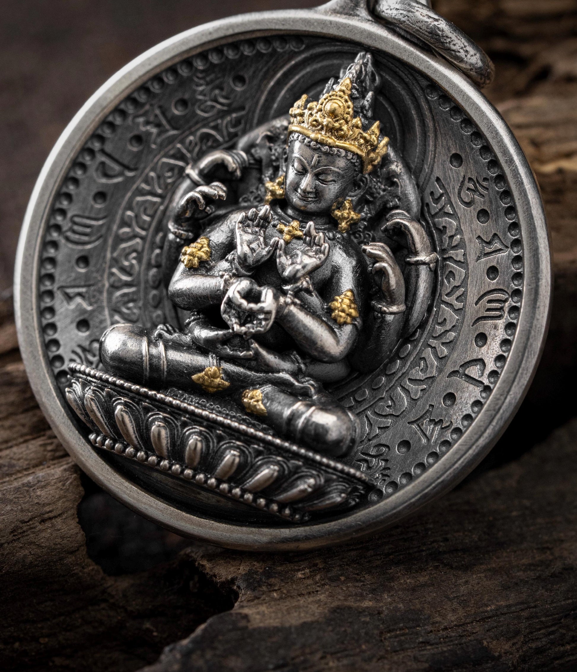 12 Armed Manjushri Pendant 925 Silver 24k Gold Plated, Wisdom Heart Protection Wheel Amulet, Vintage Sacred Buddhist Jewelry Gift