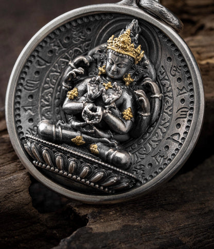 12 Armed Manjushri Pendant 925 Silver 24k Gold Plated, Wisdom Heart Protection Wheel Amulet, Vintage Sacred Buddhist Jewelry Gift