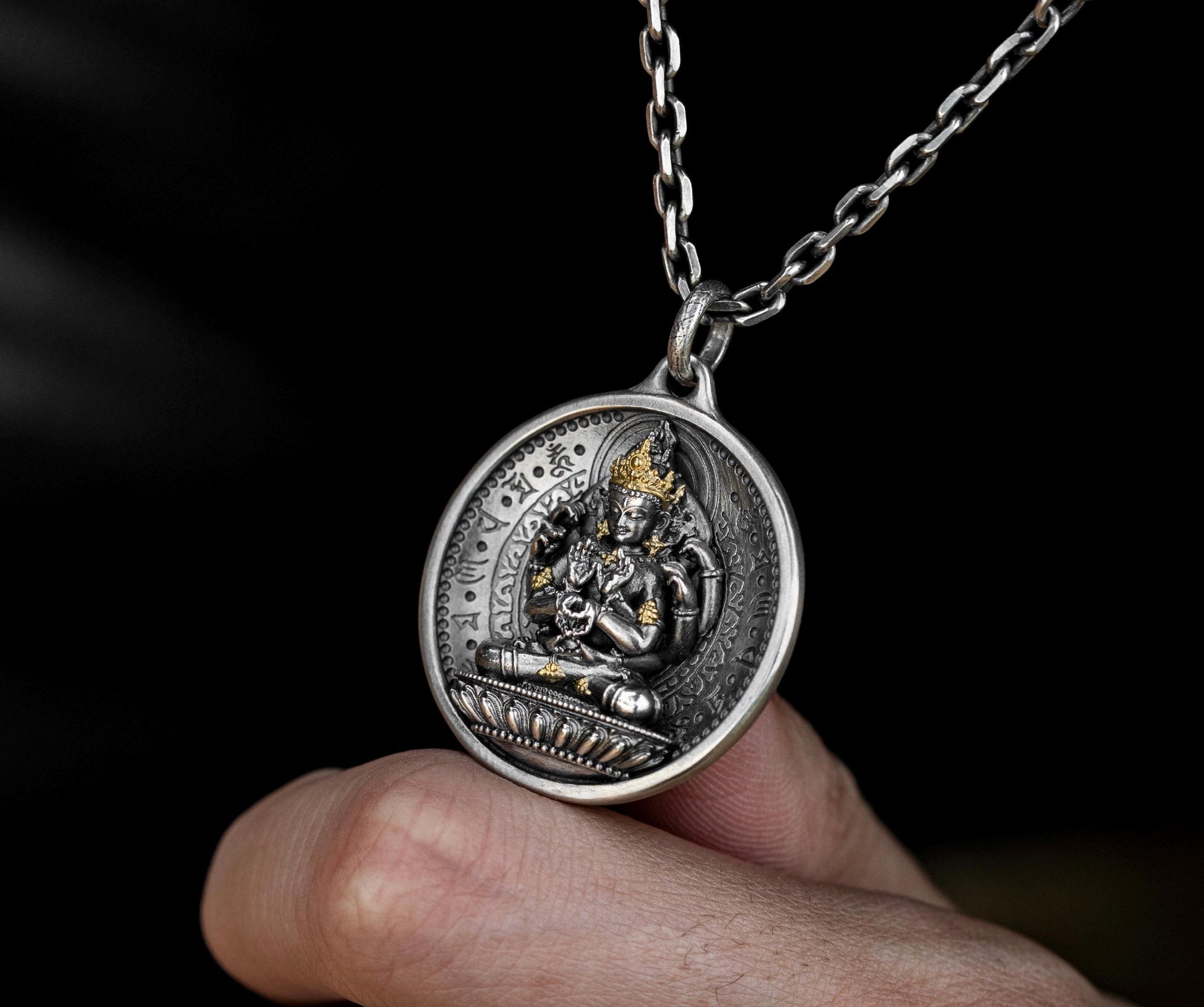 12 Armed Manjushri Pendant 925 Silver 24k Gold Plated, Wisdom Heart Protection Wheel Amulet, Vintage Sacred Buddhist Jewelry Gift
