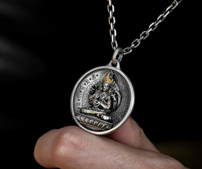 12 Armed Manjushri Pendant 925 Silver 24k Gold Plated, Wisdom Heart Protection Wheel Amulet, Vintage Sacred Buddhist Jewelry Gift