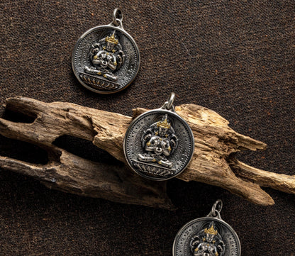 12 Armed Manjushri Pendant 925 Silver 24k Gold Plated, Wisdom Heart Protection Wheel Amulet, Vintage Sacred Buddhist Jewelry Gift