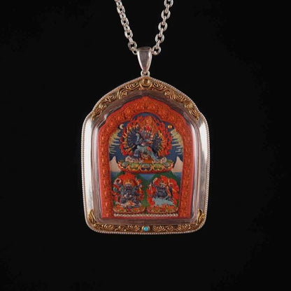 Double Sided Manjushri Yamantaka Tsa Tsa, Handpainted Tibetan Amulet, 925 Silver Gau Box Pendant, Sacred Buddhist Wisdom Jewelry