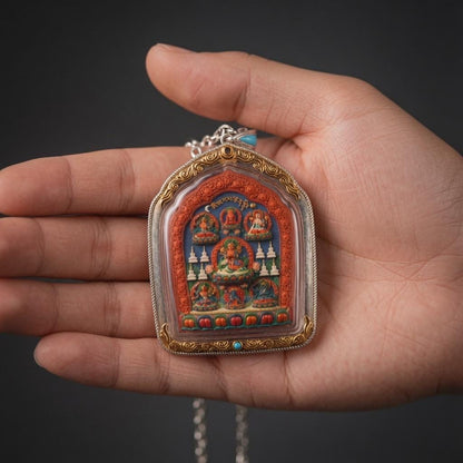 Double Sided Manjushri Yamantaka Tsa Tsa, Handpainted Tibetan Amulet, 925 Silver Gau Box Pendant, Sacred Buddhist Wisdom Jewelry