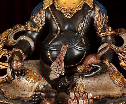 Nepalese Yellow Jambhala Statue, Copper Gold Silver Plated Wealth God Statue, Handmade Tibetan Buddhist Shrine Altar Home Decor