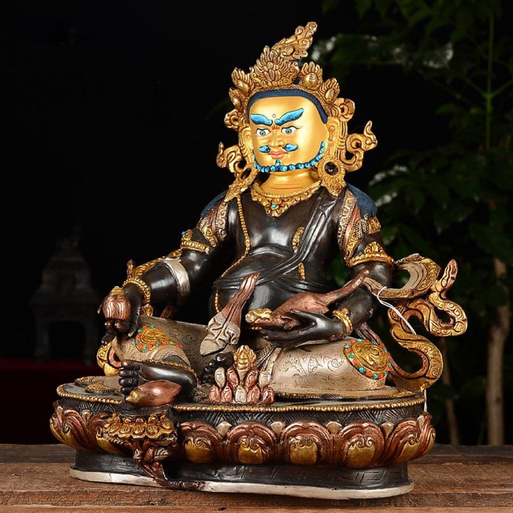 Nepalese Yellow Jambhala Statue, Copper Gold Silver Plated Wealth God Statue, Handmade Tibetan Buddhist Shrine Altar Home Decor
