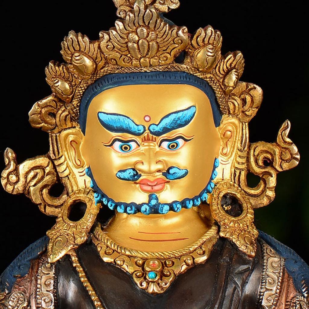 Nepalese Yellow Jambhala Statue, Copper Gold Silver Plated Wealth God Statue, Handmade Tibetan Buddhist Shrine Altar Home Decor