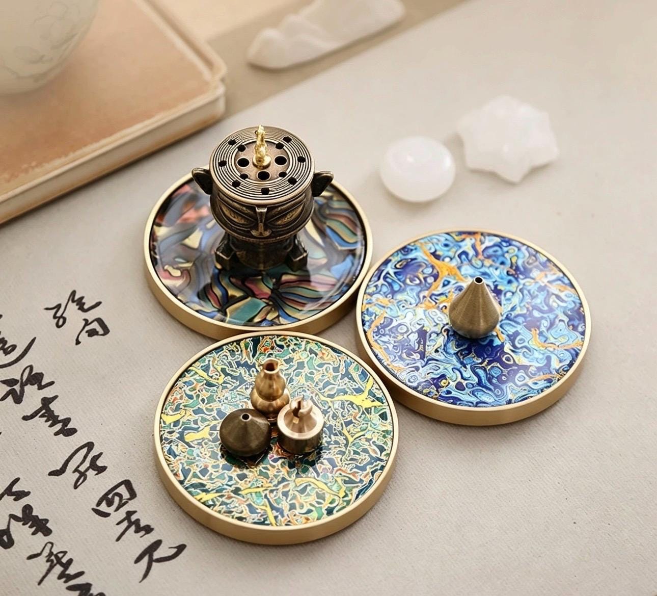 Handmade Lacquerware Incense Plate with Brass Gourd Holder Set, Decorative Incense Ash Catcher, Oriental Incense Burner Gift