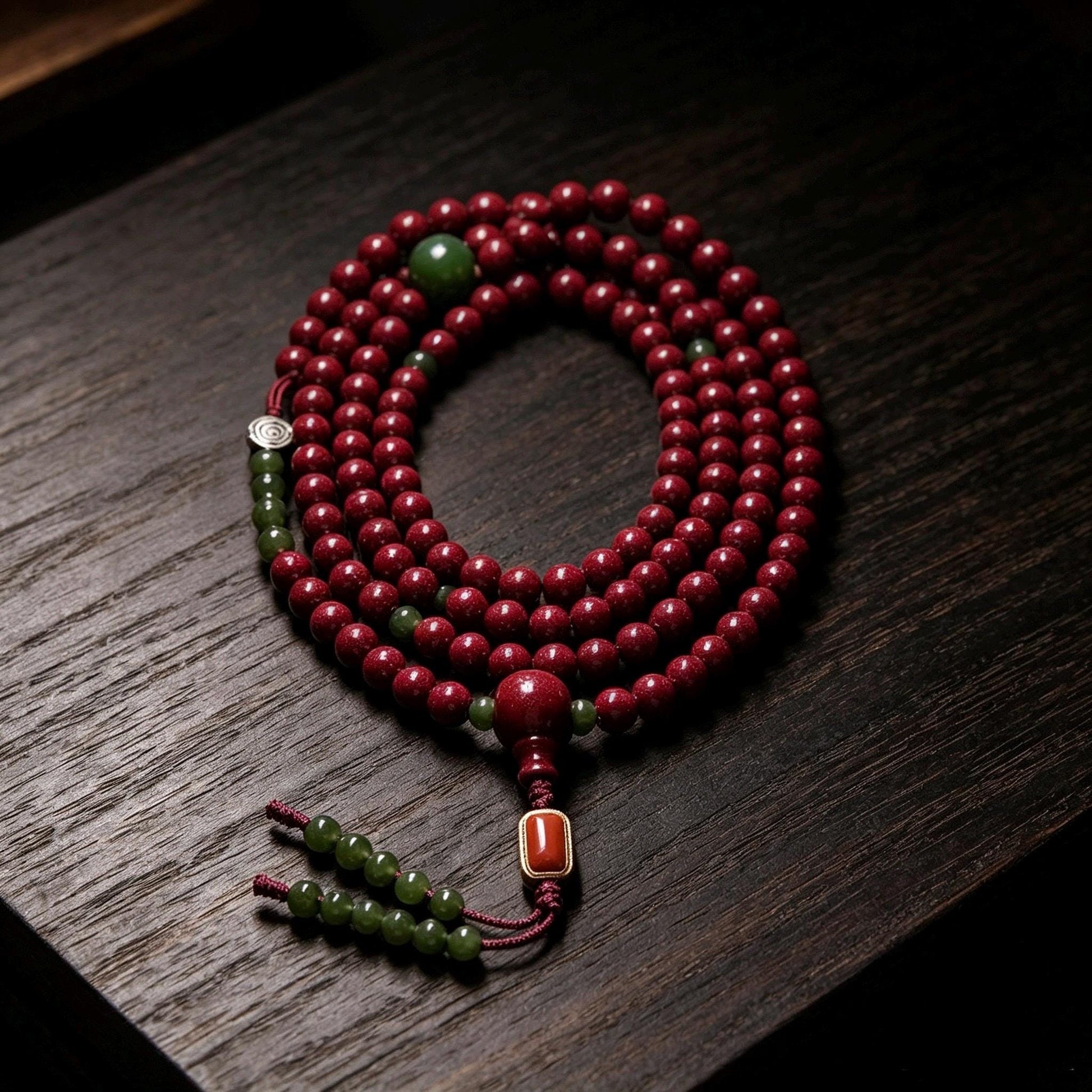 EverestArtStudios Red 108 Mala Beads – 6mm Tibetan Buddhist Prayer Mala with Green Accent Beads